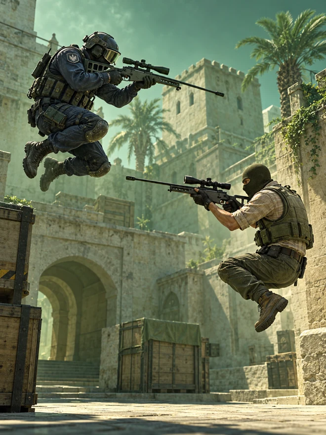 A Counter-Terrorist and Terrorist jumping through a stone courtyard, each holding a scoped Scout rifle.